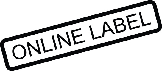Online label stamp graphic with black border and text on white background