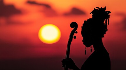 Silhouette of a woman playing cello at sunset