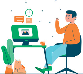 Modern Work From Home Illustration &ndash; Freelancer Remote Office Flat Design