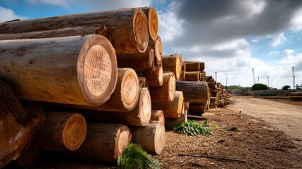Timber Harvesting: Neatly Stacked Logs Ready for Transport in Natural Light Along Dirt Road - Medium Shot with Hi-Detail and Minimal Composition