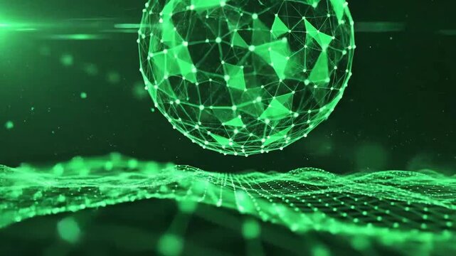 Abstract green network sphere floating above a digital grid landscape.