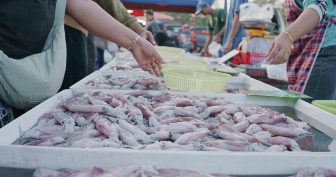 People hand grab seafood fish squid in local fishery market