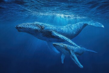 Fototapeta premium Humpback whale swimming with its calf in crystal clear ocean waters during a sunny day in the tropics