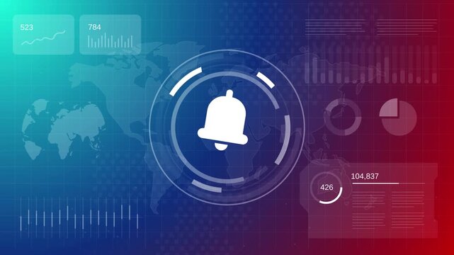 System notification and emergency alert concept with bell icon on futuristic digital data dashboard