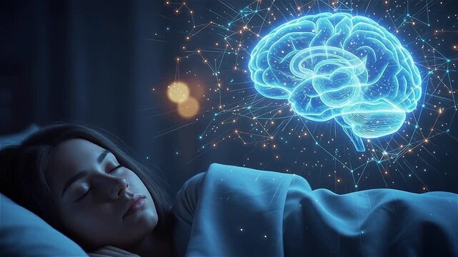Young woman sleeping peacefully at night with a glowing 3D brain neural network rendering floating above, symbolizing deep sleep, dream analysis, and brain health technology.