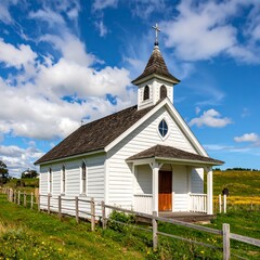 Small, white church on a grassy hillside under a blue sky