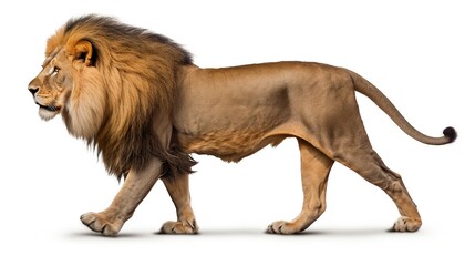 Obraz premium Majestic African male lion with a full mane walking across a pristine white background