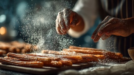 A chef sprinkles powdered sugar over freshly made churros, creating a visually appealing and delicious dessert scene.