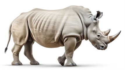 Obraz premium Majestic two-horned white rhinoceros strolling in a studio against a clean white background