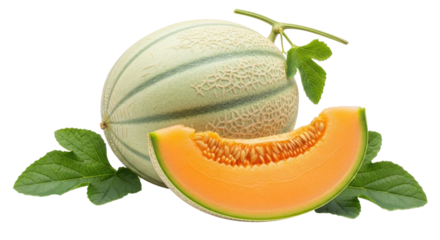 3d cantaloupe melon with slice transparent background cutout png
