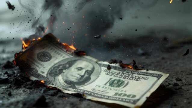 Disintegrating dollar bill into ash, inflation and currency devaluation concept, slow motion cinematic macro