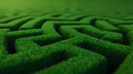 A vibrant green maze made of grass, showcasing intricate pathways and a lush texture, inviting exploration and contemplation.