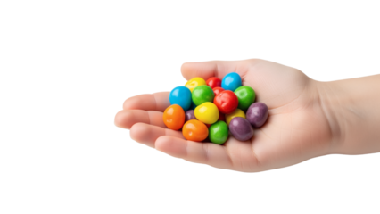 A close-up shot of a hand holding a vibrant assortment of colorful, small, round candies against a contrasting black background