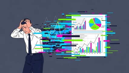 Businessman analyzing colorful data charts and graphs.