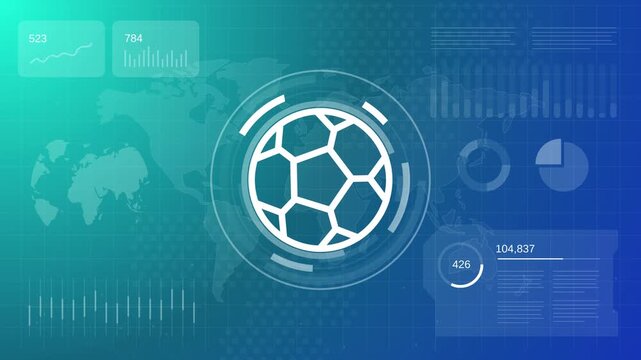 Global sports analytics and soccer statistics concept with football icon on digital dashboard
