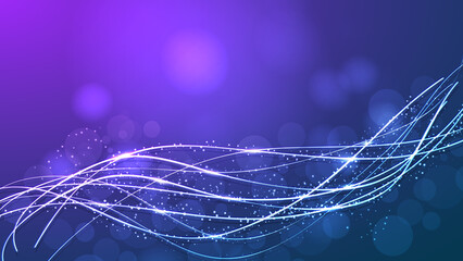 Abstract glowing wavy lines and bokeh lights on a vibrant purple and blue gradient background, creating a dynamic and ethereal digital design. © Yakub Dhali