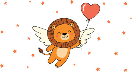 Cute Flying Lion With Wings Holding Heart Balloon And I Love You Text Illustration © Sumon Creative
