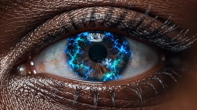 Closeup of a human eye with a blue iris and galaxylike pattern