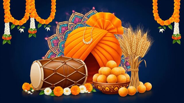 Happy Baisakhi Festival Background Turban Dhol Wheat Harvest Celebration