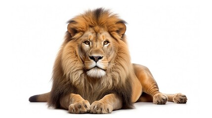 Obraz premium Relaxed African male lion lounging on a white background with a thick majestic mane