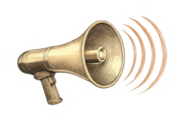 Megaphone amplifying a voice, broadcasting sound waves, important communication, public announcement, breaking news, marketing message