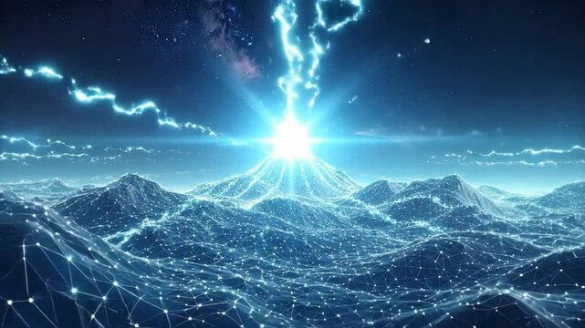 Digital mountain range landscape with connecting dots and lightning strikes in the sky.