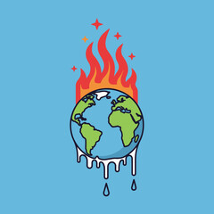 Melting Planet Earth on Fire, Global Warming Concept Illustration