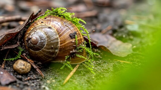 Close-up of a snail with moss on its shell in natural environment.