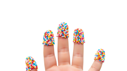 A hand displaying five fingers, each adorned with colorful, tiny sprinkles on the fingertips against a black background