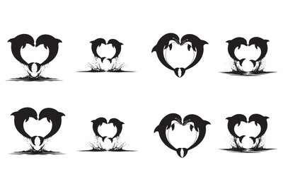 Obraz premium A collection of black dolphin heart silhouettes for love and marine life themed vector graphics