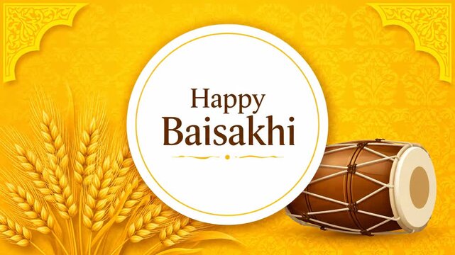 Happy Baisakhi Vaisakhi Harvest Festival Background with Dhol and Wheat