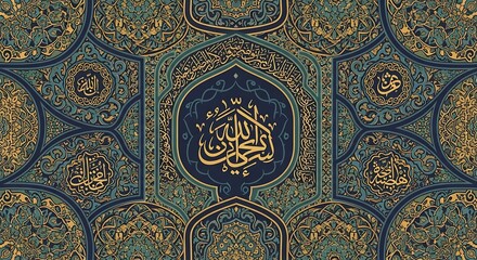 Ornate seamless pattern features intricate calligraphy and complex geometric arabesque motifs in deep blue and gold tones