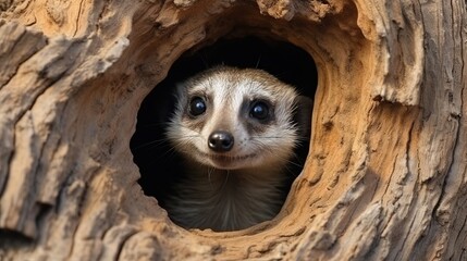 Small Pale-Furred Mammal Peering Out Of A Hollow Tree Trunk