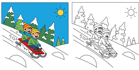 Coloring book page for kids with colored example and outline. Happy children sledding down the hill in winter landscape. Vector cartoon illustration of winter activity for education. © SHOHAG