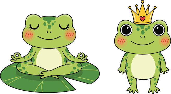 Cute frog cartoon vector illustration set with meditation pose and crowned royal character design