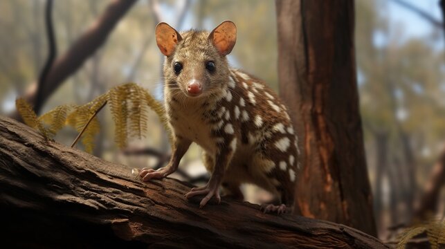 Small spotted quoll perched on a fallen log in a sunlit Australian forest