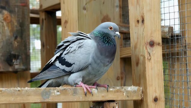 Crisp 4K close up of gray pigeon perched on wooden beam carefully grooming arranging its feathers inside an outdoor aviary under natural 
