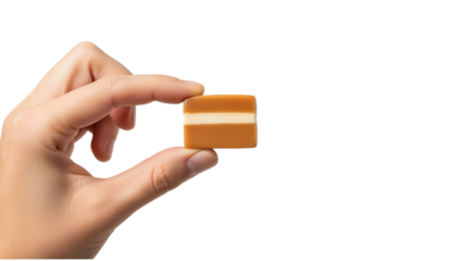 A hand, with fingers curled and bent, delicately holds a small, rectangular dessert item against a solid black backdrop