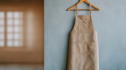 A simple, beige apron hangs on a hanger against a textured blue wall, with a blurred interior background hinting at a cozy, minimalist space.