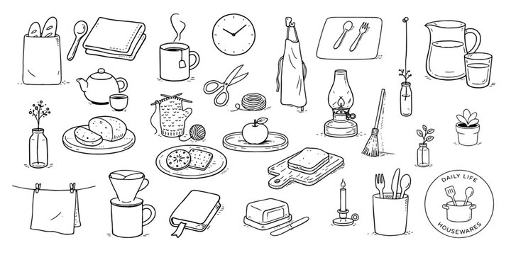 日常生活の雑貨と道具の線画イラストセット、Daily Life Houseware Line Illustration Set