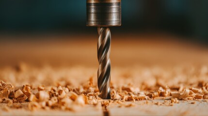A close-up image of a drill bit penetrating wood, surrounded by wood shavings, showcasing the precision of woodworking.