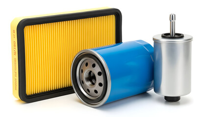 Automotive spare parts composition with yellow air filter blue oil filter and silver fuel filter isolated on white background
