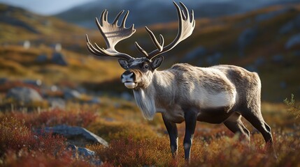 Stoic adult moose standing in autumnal tundra valley with large antlers and calm gaze across a sunlit landscape