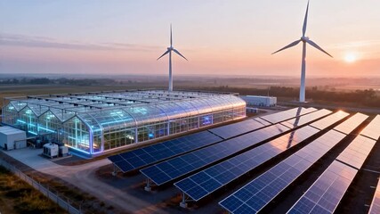 Renewable energy facility with solar panels and wind turbines - Powered by Adobe