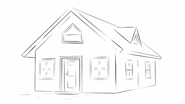 Traditional countryside cottage exterior with gable roof and dormer window flat illustration