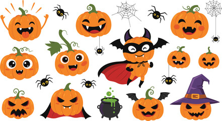 Cute Halloween Pumpkin Character Set With Bat Costume Spiders Witch Hat And Funny Faces