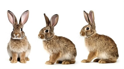 Three Curious Brown Rabbits Standing in a Row Against a White Background