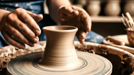 Close-up of hands shaping clay on a pottery wheel.