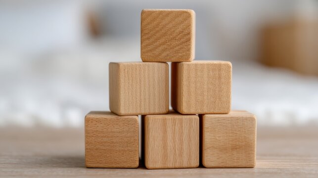 A stack of wooden blocks arranged in a pyramid shape, showcasing a simple and natural design, ideal for educational play or decorative purposes.