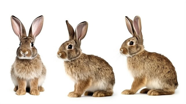 Three Curious Brown Rabbits Standing in a Row Against a White Background